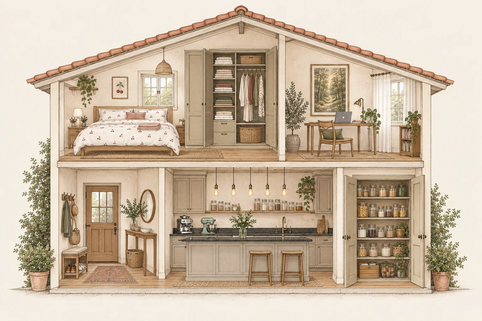 Ilustração de uma casa aberta, como uma casa de bonecas: entrada, cozinha e despensa no térreo; quarto e escritório no andar de cima