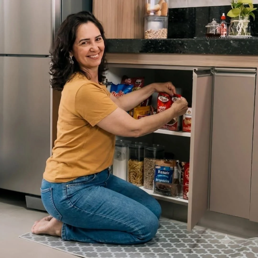 Micheli organizando armários de uma cozinha